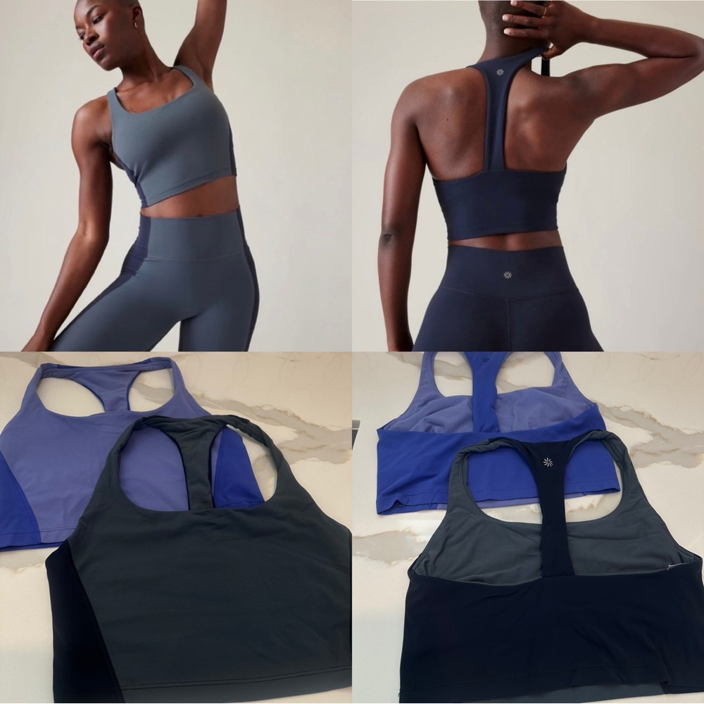Two Athleta women's blue and violet transcend color block cropped sports bras
